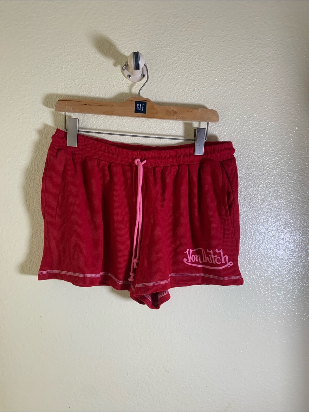 NWOT Von Dutch Red Athletic Lounge Shorts with Pink Drawstring, Size L